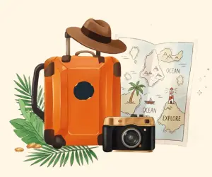 Travel illustration showing suitcase, hat, camera and map representing YatraGuideGo trip planning
