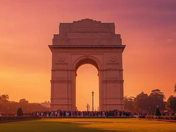 Delhi travel guide cover image showing India Gate monument at sunset