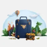 Colorful travel illustration showing suitcase, camera and hot air balloon for trip planning